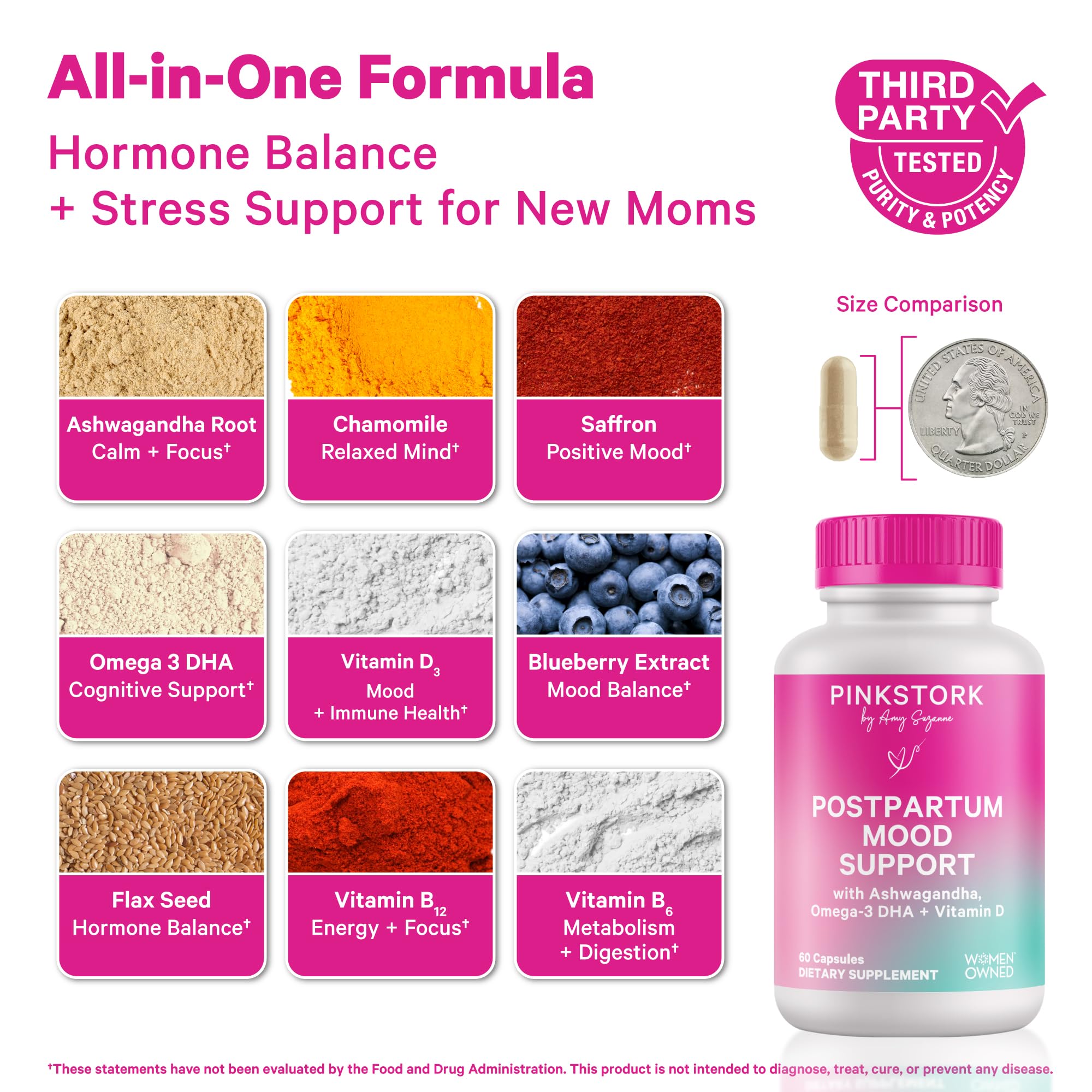 Pink Stork mood support capsules closeup highlighting convenient daily capsules for new moms.