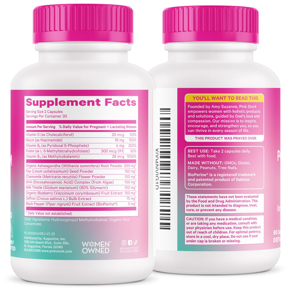 Two capsules from Pink Stork Postpartum Mood Support ready for daily use