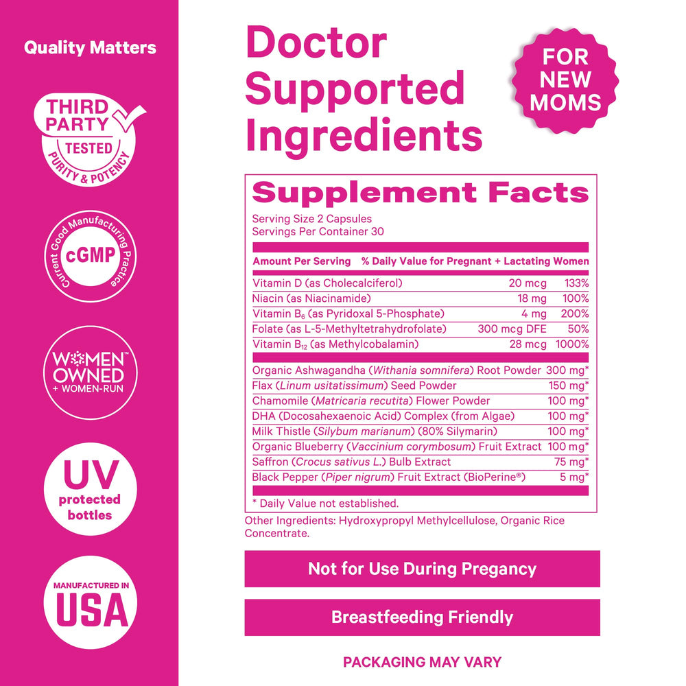 Ingredients panel of Pink Stork Postpartum Mood Support shows DHA and B vitamins