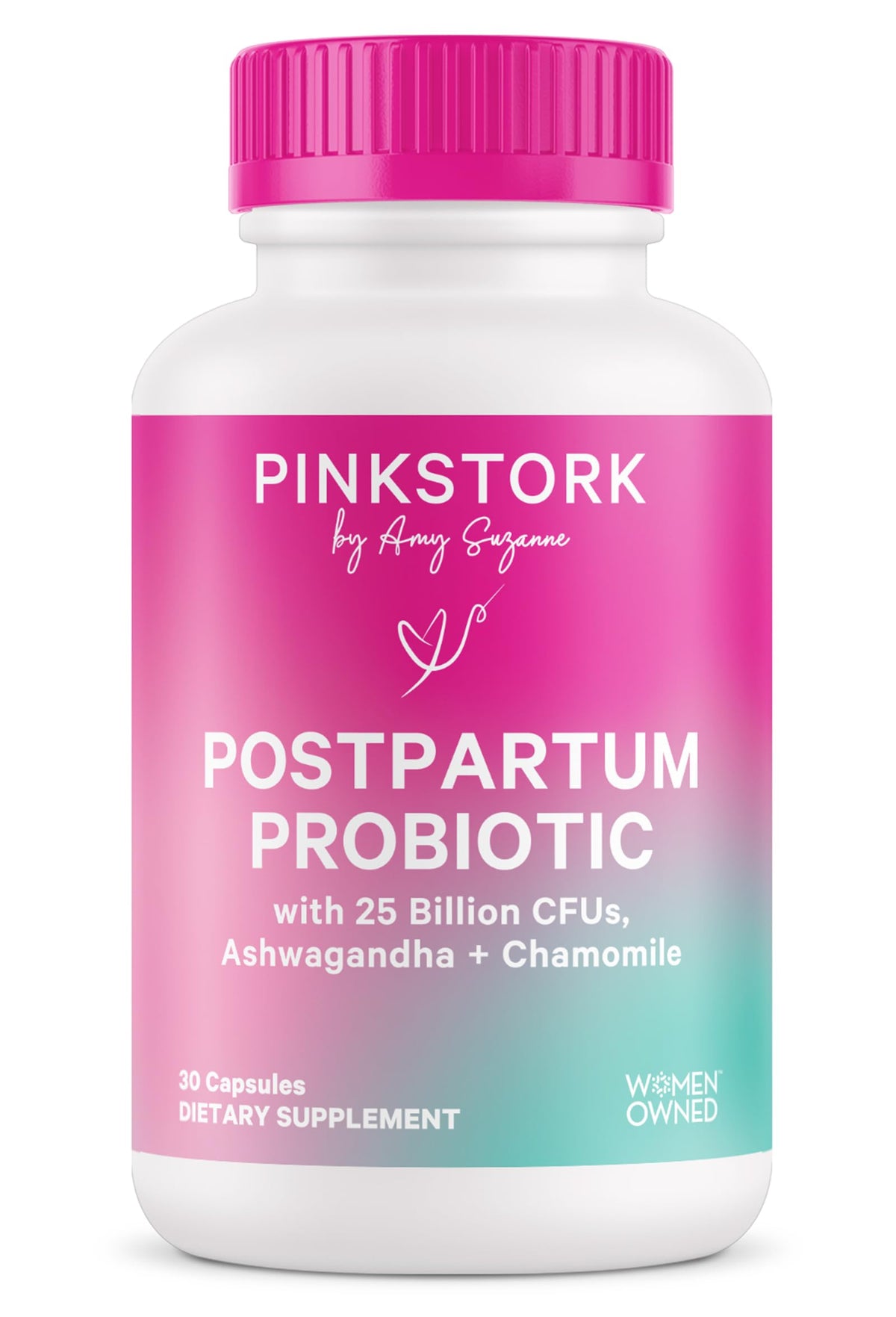 Pink Stork Postpartum Probiotics bottle shown for gut balance after childbirth