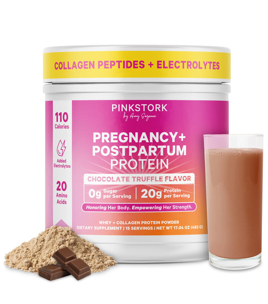 Pink Stork pregnancy protein bottle pour for on-the-go nutrition