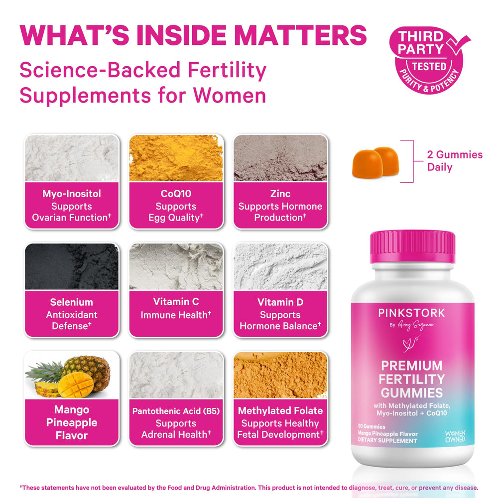 Pink Stork gummies poured to show mango pineapple flavor and daily nutrition.