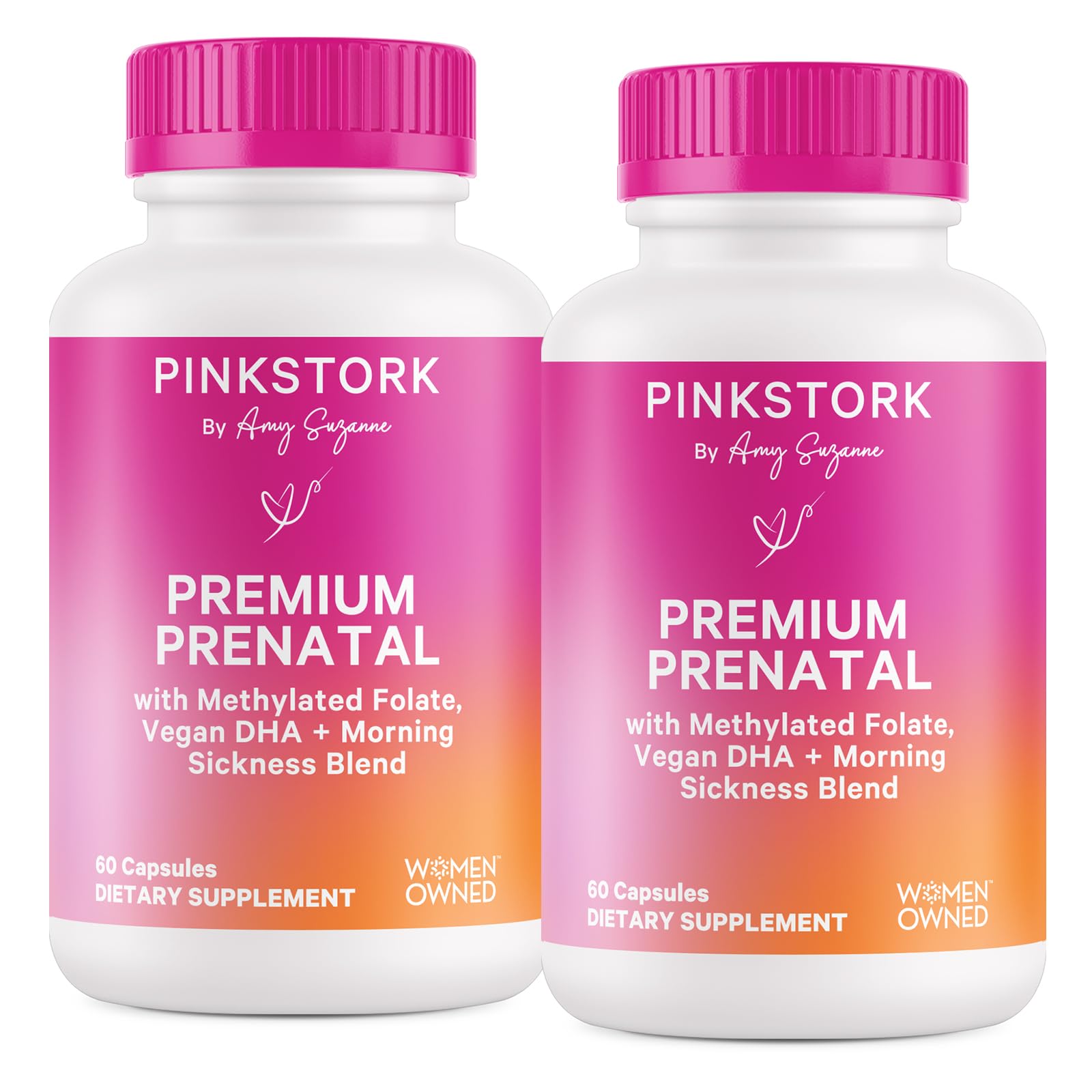 Pink Stork Premium Prenatal Vitamin bottle closeup showing daily nourishment for pregnancy