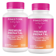 Pink Stork Premium Prenatal Vitamin bottle closeup showing daily nourishment for pregnancy
