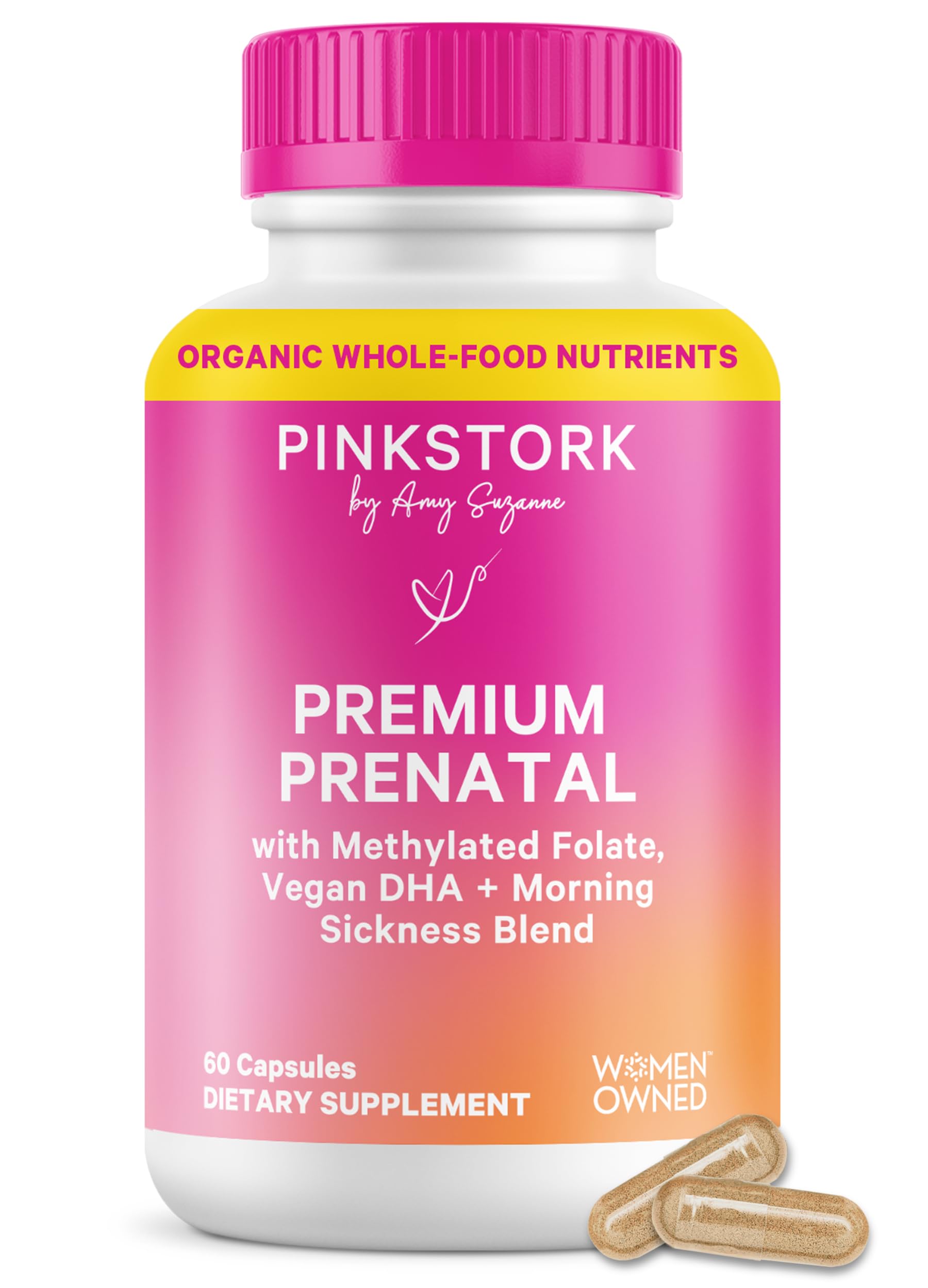 Pink Stork Premium Prenatal bottle front with label and easy-to-swallow capsules for daily support