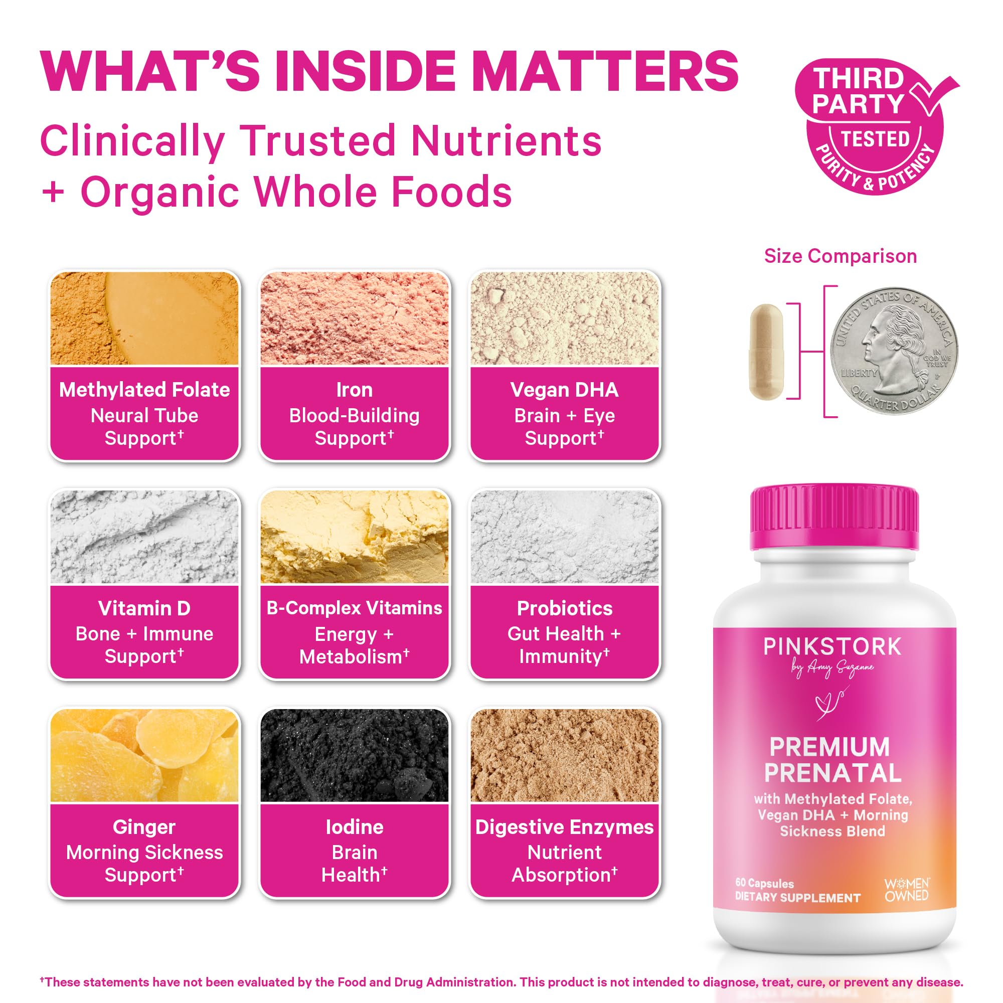 Pink Stork Premium Prenatal capsules close-up highlighting methylated folate and iron for balanced nutrition