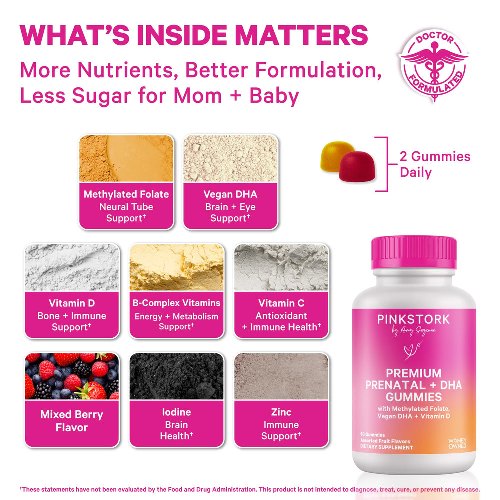 Pink Stork Premium Prenatal Gummies bottle back showing nutrition details