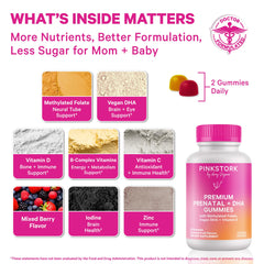Pink Stork Premium Prenatal Gummies bottle back showing nutrition details