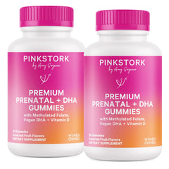 Pink Stork Premium Prenatal Gummies bottle front for easy daily use