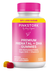 Pink Stork Premium Prenatal Gummies bottle for daily prenatal support.