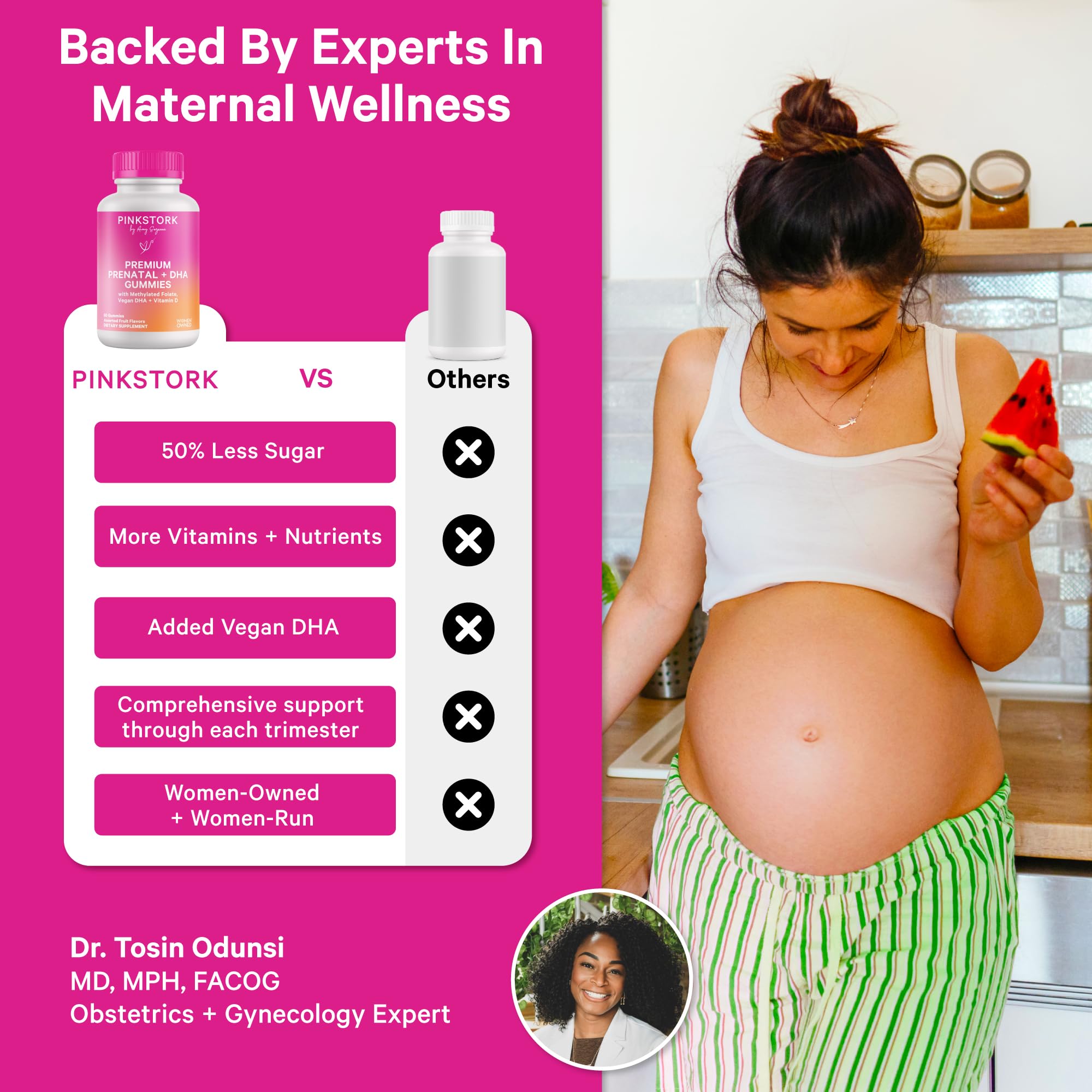 Pink Stork Premium Prenatal Gummies label closeup with vegan DHA