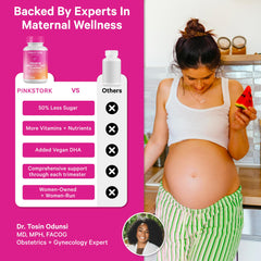 Pink Stork Premium Prenatal Gummies label closeup with vegan DHA