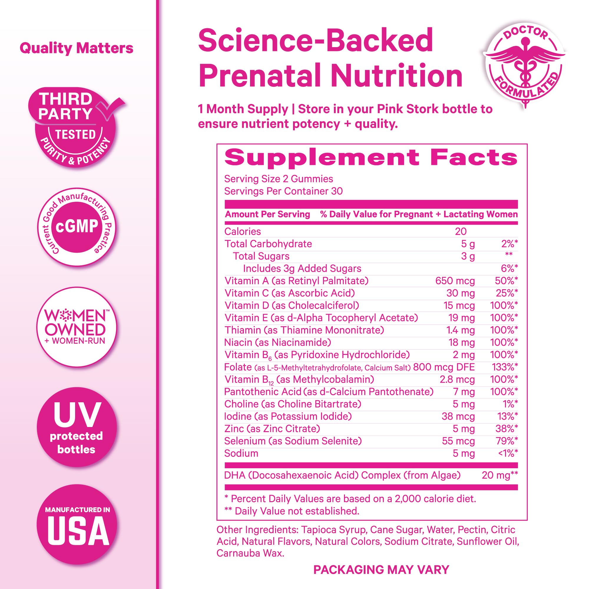 Pink Stork Prenatal Gummies third-party tested badge on packaging.