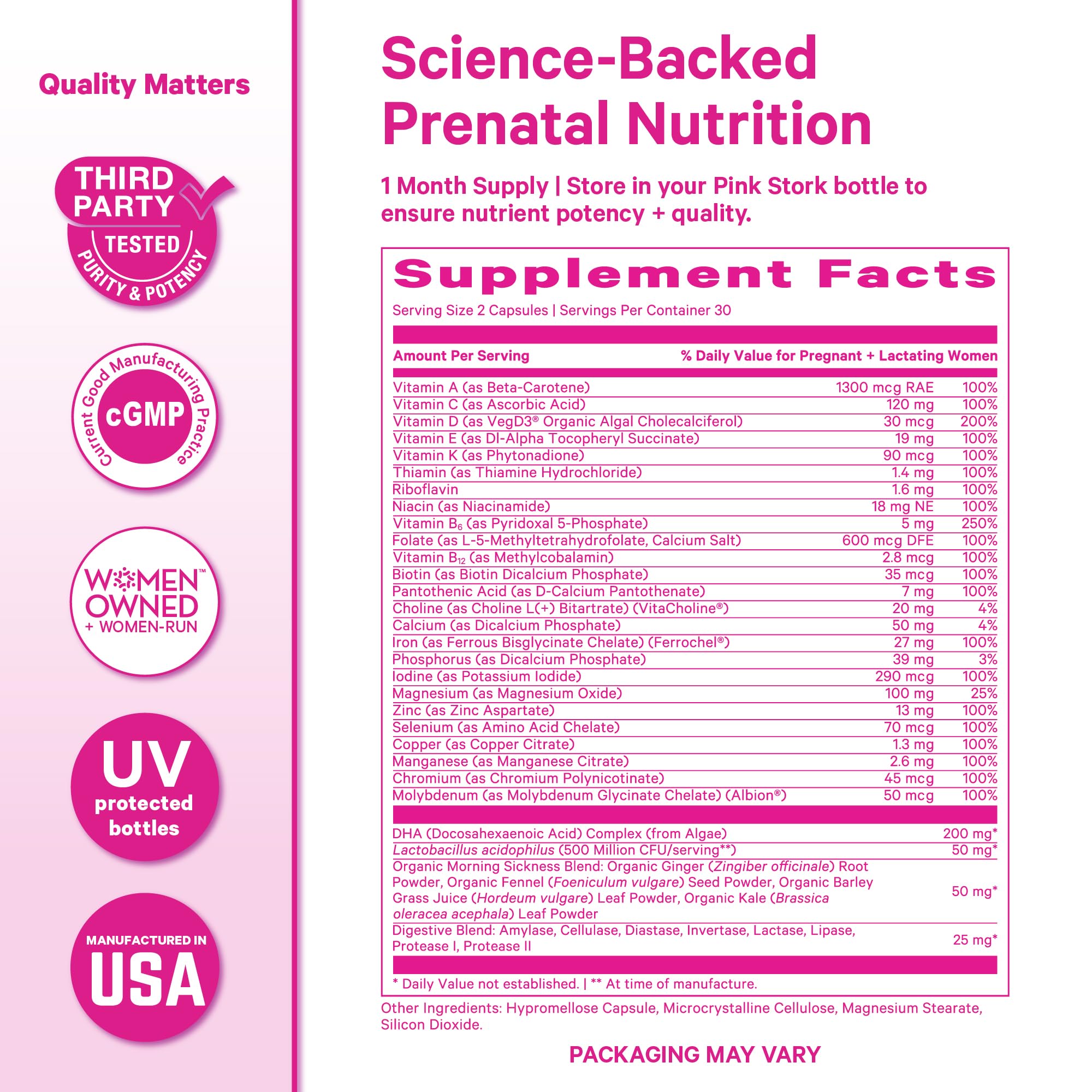 Pink Stork Premium Prenatal iron and choline capsules shown near natural light