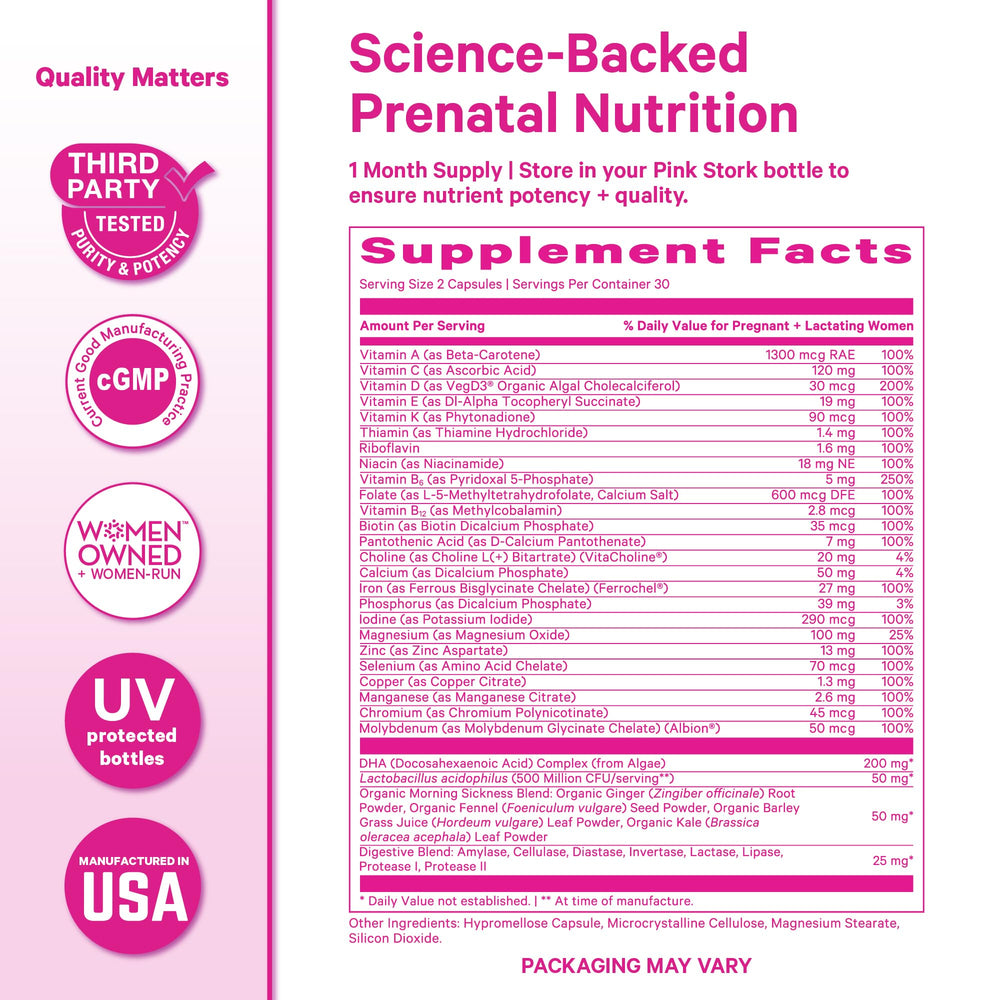 Pink Stork Premium Prenatal iron and choline capsules shown near natural light
