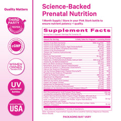 Pink Stork Premium Prenatal iron and choline capsules shown near natural light
