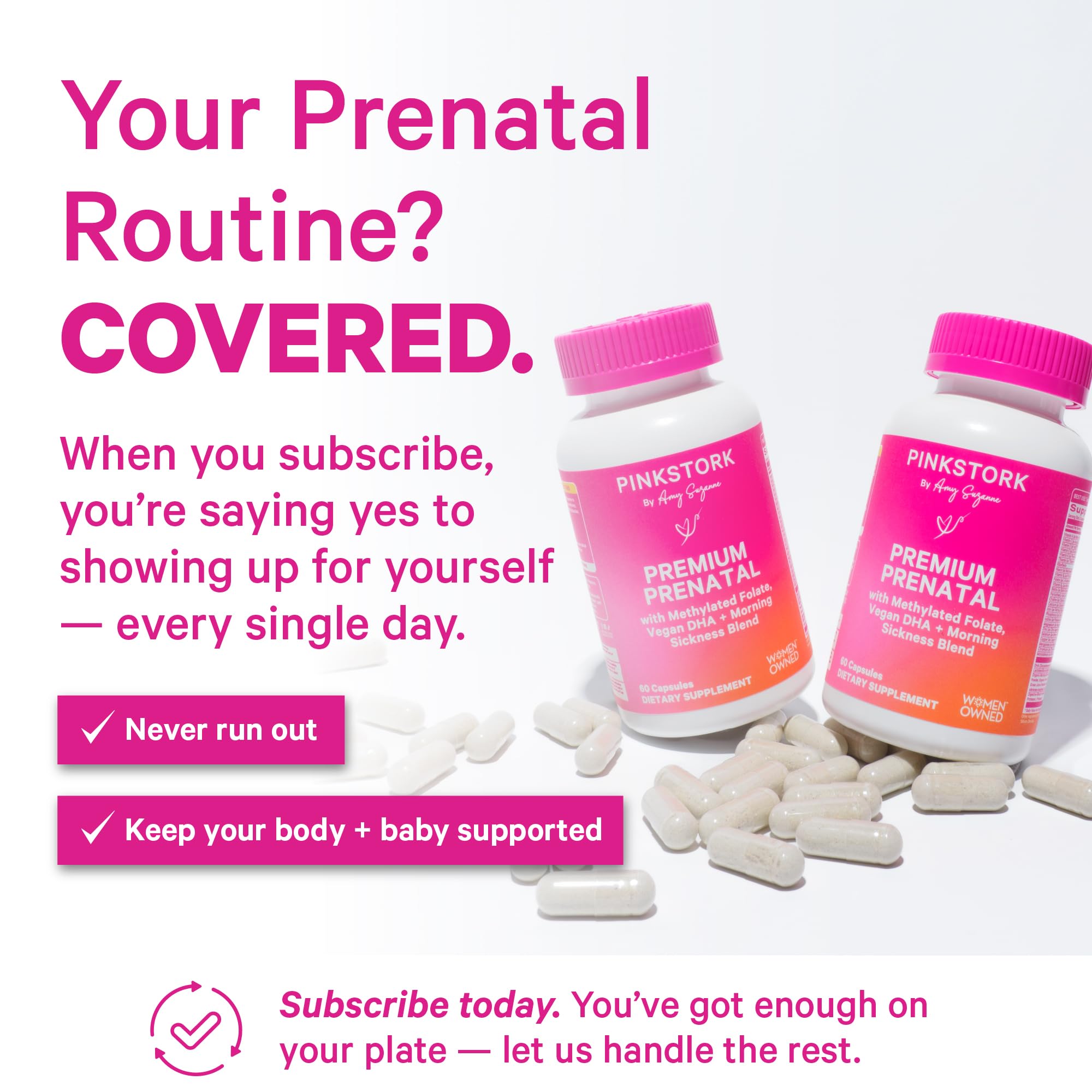 Pink Stork Premium Prenatal organic ingredients in a glass bowl with kale and barley grass