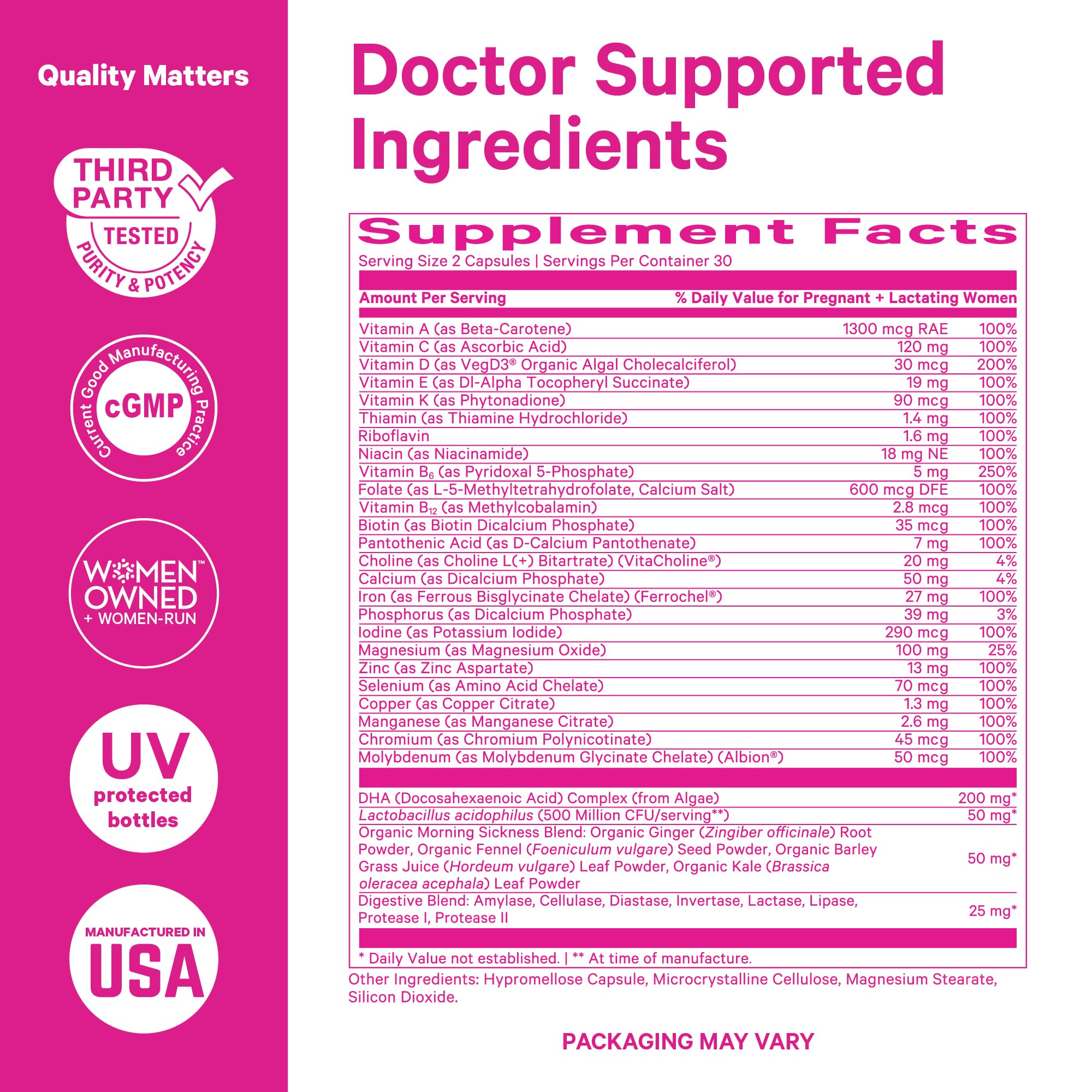 Pink Stork Prenatal probiotic capsules highlighting gut support benefits