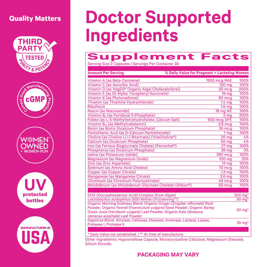 Pink Stork Prenatal probiotic capsules highlighting gut support benefits