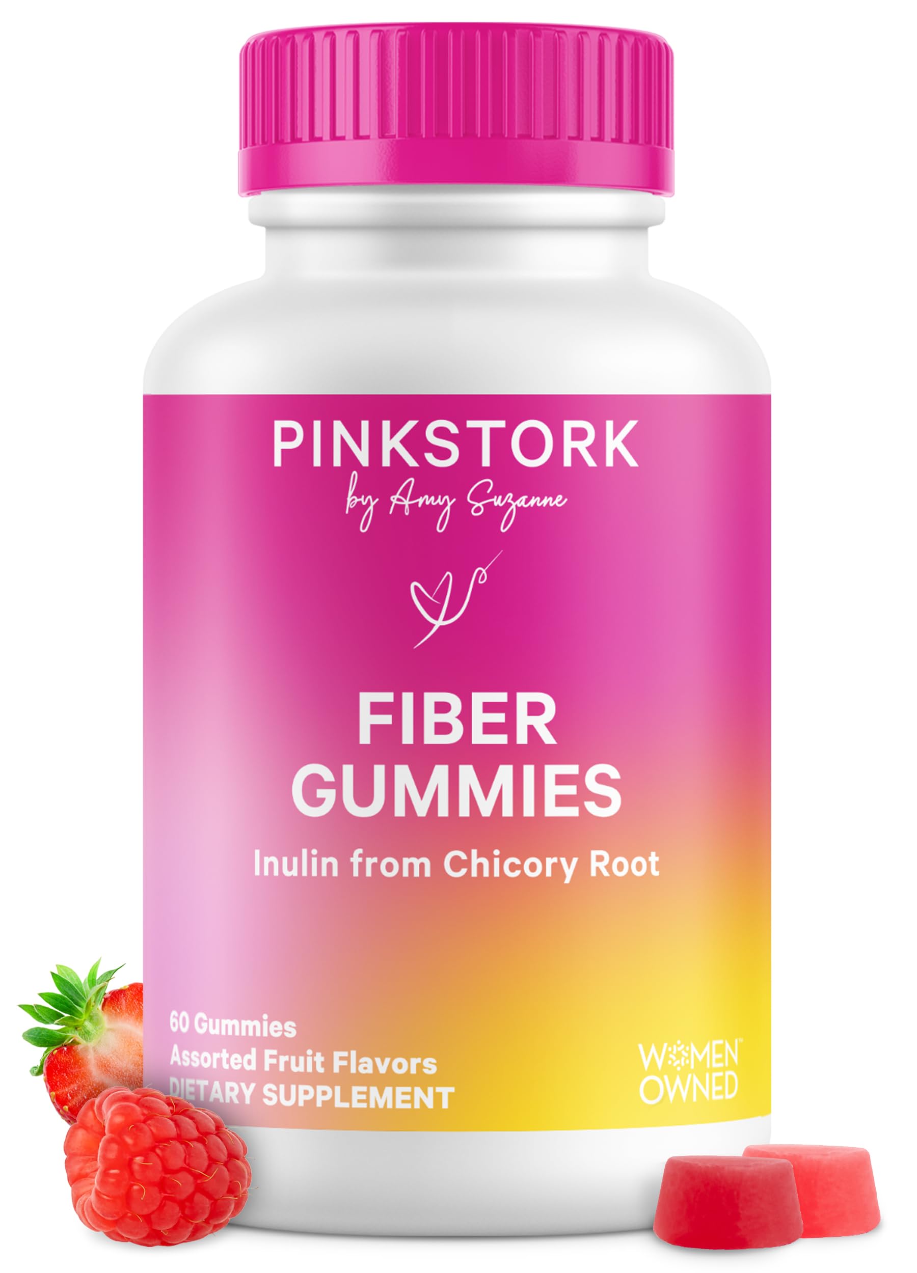 Pink Stork Prenatal Fiber Gummies bottle showing 60 vegan chews for gut health
