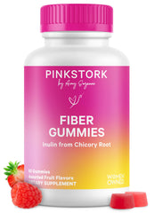 Pink Stork Prenatal Fiber Gummies bottle showing 60 vegan chews for gut health