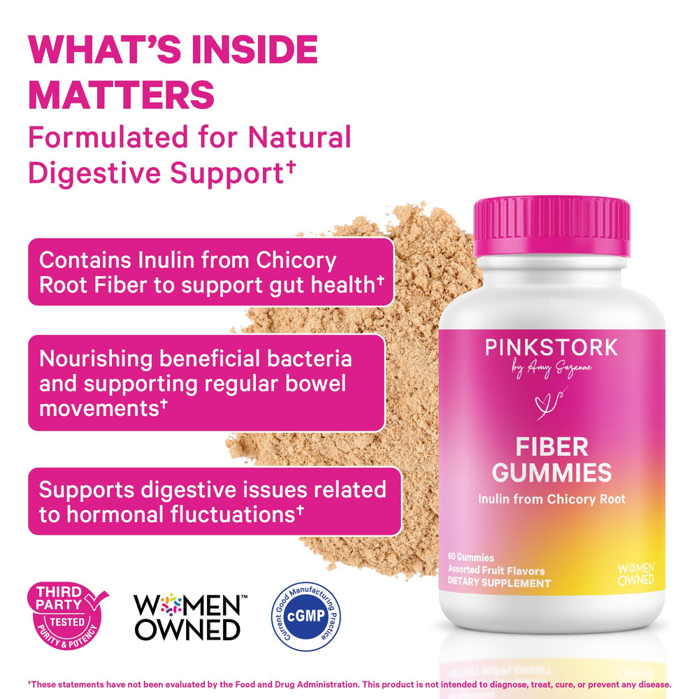 Close-up of Pink Stork Prenatal Fiber Gummies highlighting chewy texture for easy digestion