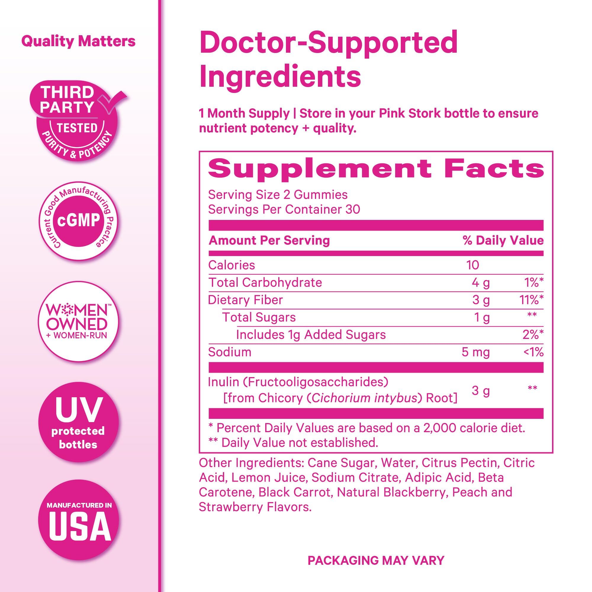 Vibrant pink gummy texture and color suggesting a palatable prenatal fiber option