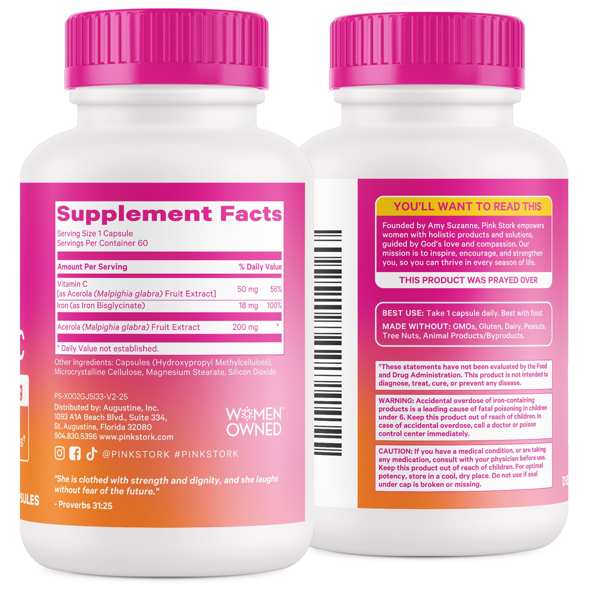Pink Stork Prenatal Iron bottle beside a 4 month supply guide supports planning