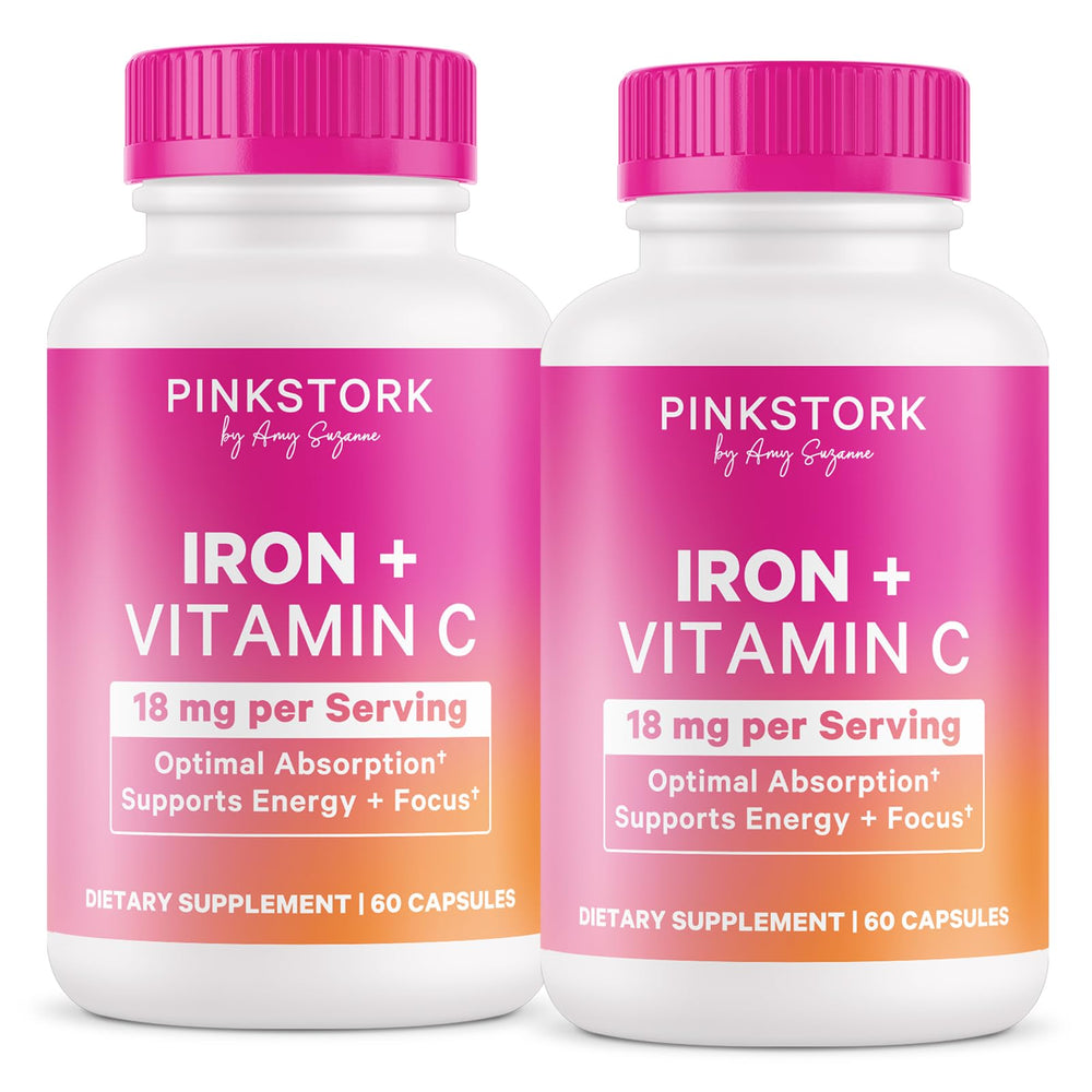 Pink Stork Prenatal Iron bottle on white background for daily prenatal iron support