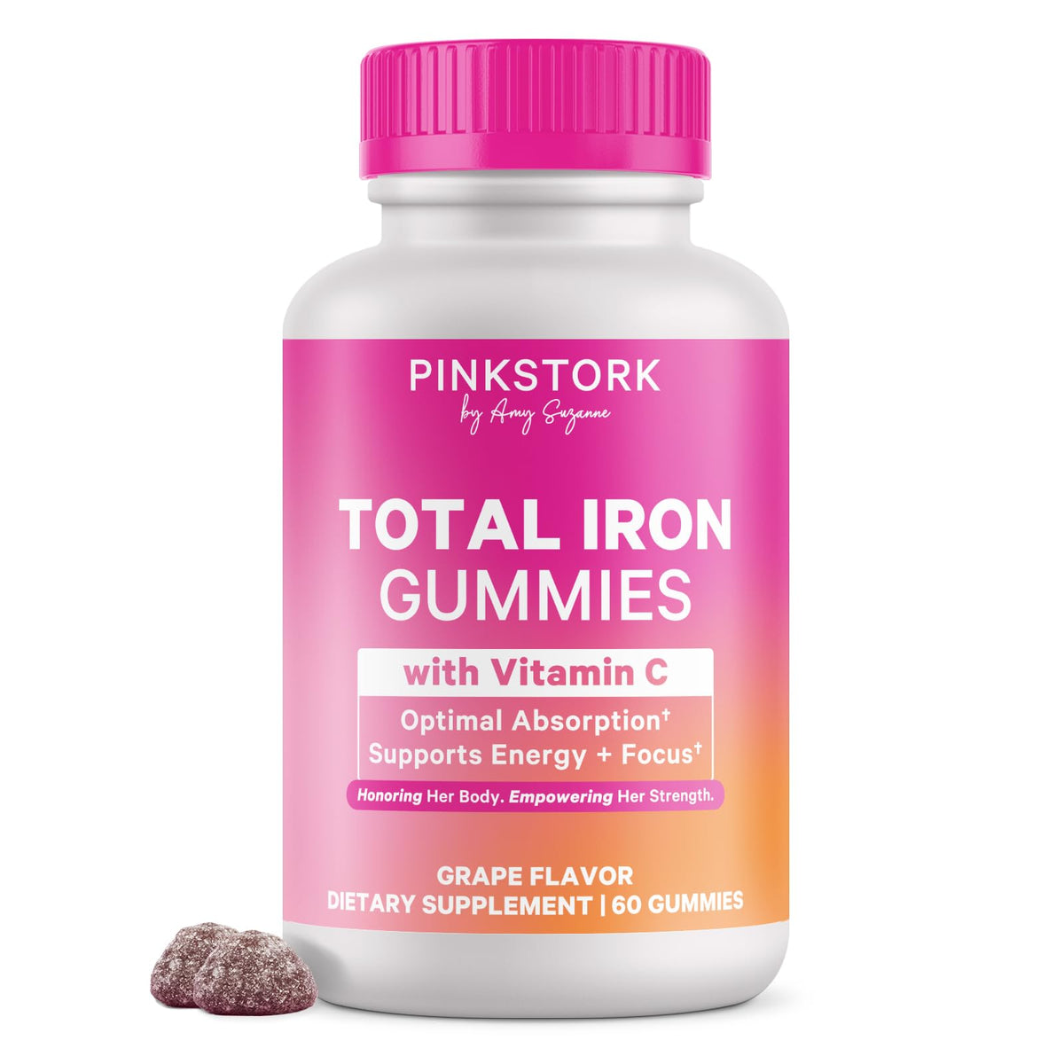 Pink Stork Prenatal Iron Gummies bottle with grape flavor for daily iron support.