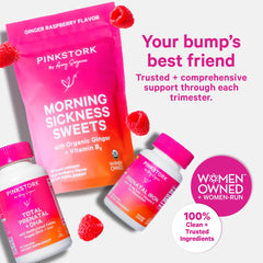 Grapes-inspired Pink Stork gummy on a clean surface for a prenatal routine.