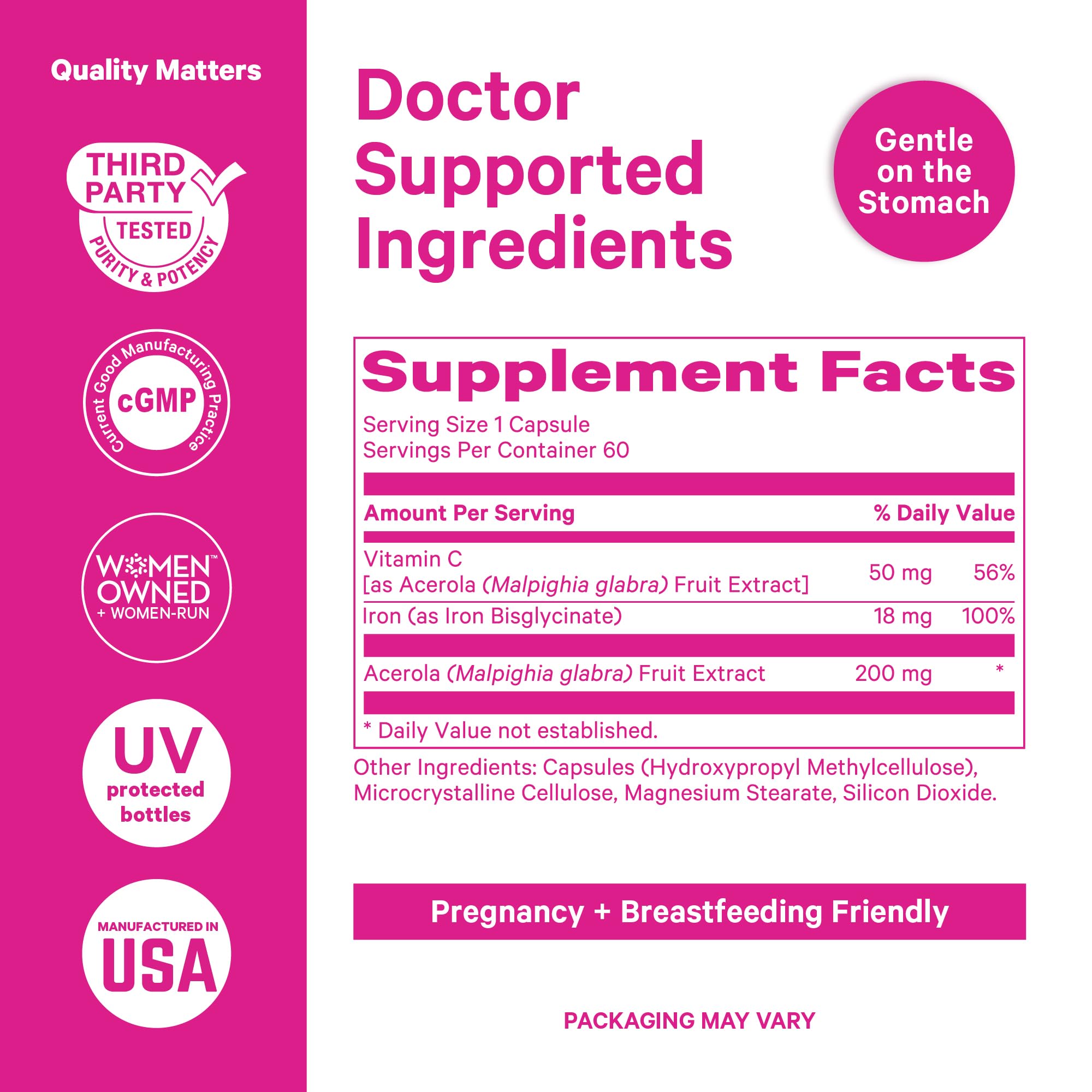 Pink Stork Prenatal Iron packaging on box communicates 4 month supply for ongoing support