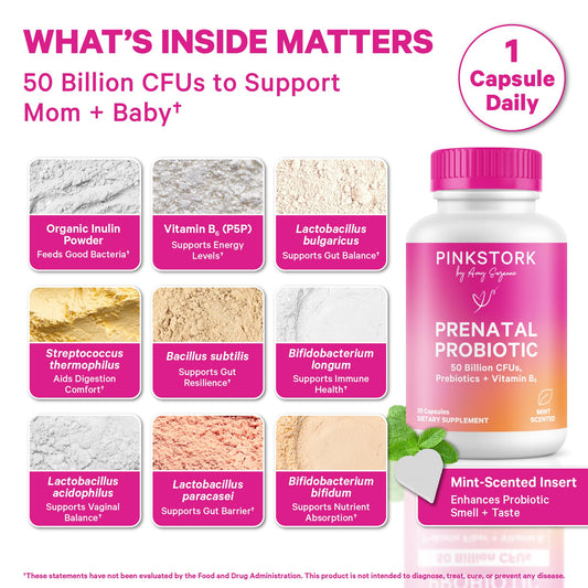 Pink Stork Prenatal Probiotic capsule for daily use supports digestive rhythm and morning sickness comfort.