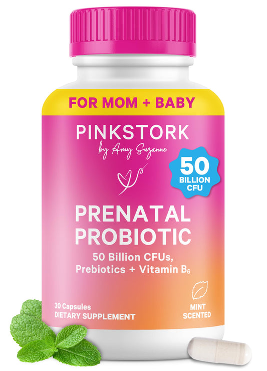 Pink Stork Prenatal Probiotic bottle with seven strains supports balanced gut during pregnancy.
