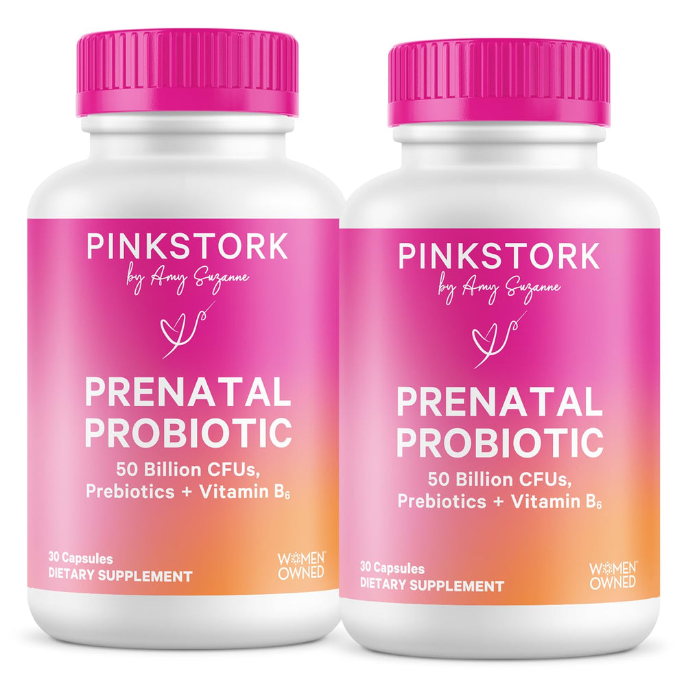 Pink Stork Prenatal Probiotic bottle promoting gut balance during pregnancy
