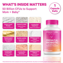Pink Stork Prenatal Probiotic capsules close-up, showing an easy daily dose for digestion.