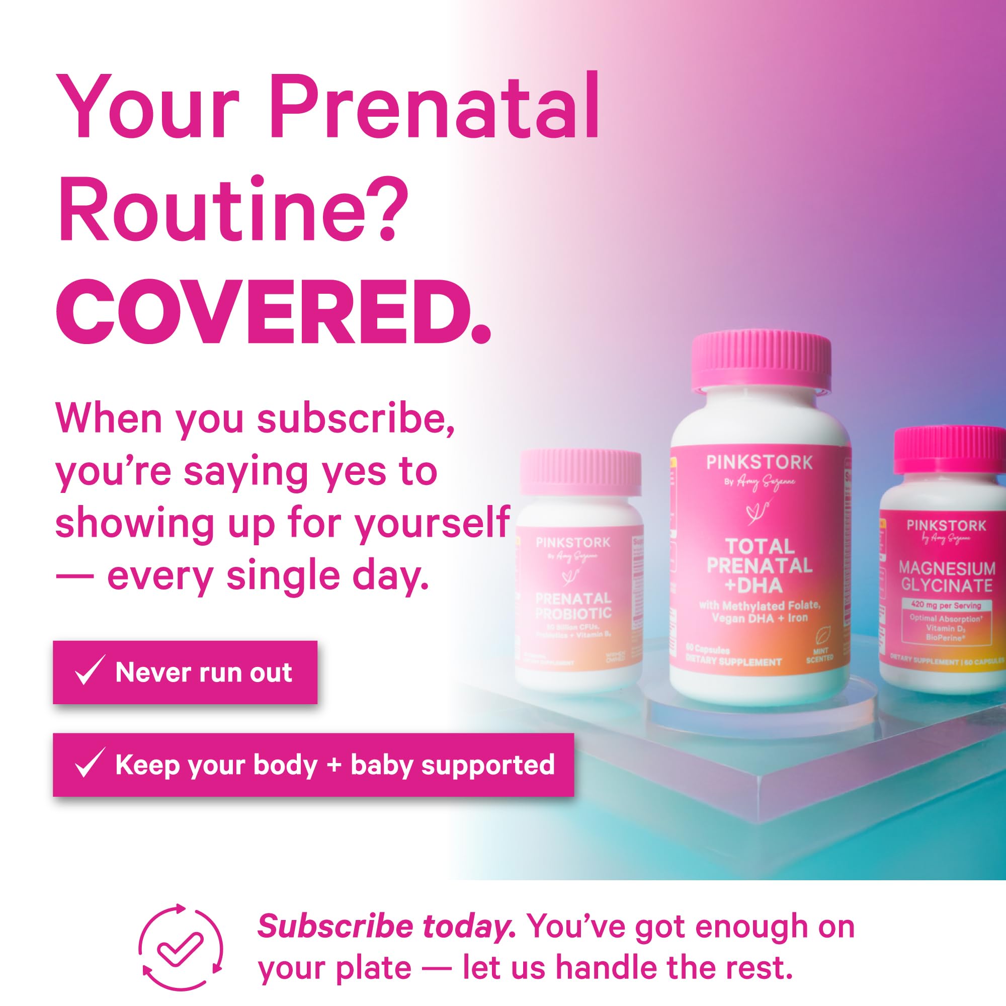 Pink Stork Prenatal Probiotic label highlights seven strains with Vitamin B6 and inulin.