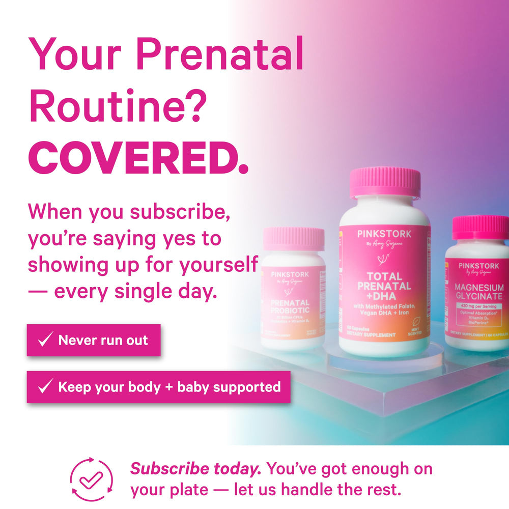 Pink Stork Prenatal Probiotic label highlights seven strains with Vitamin B6 and inulin.