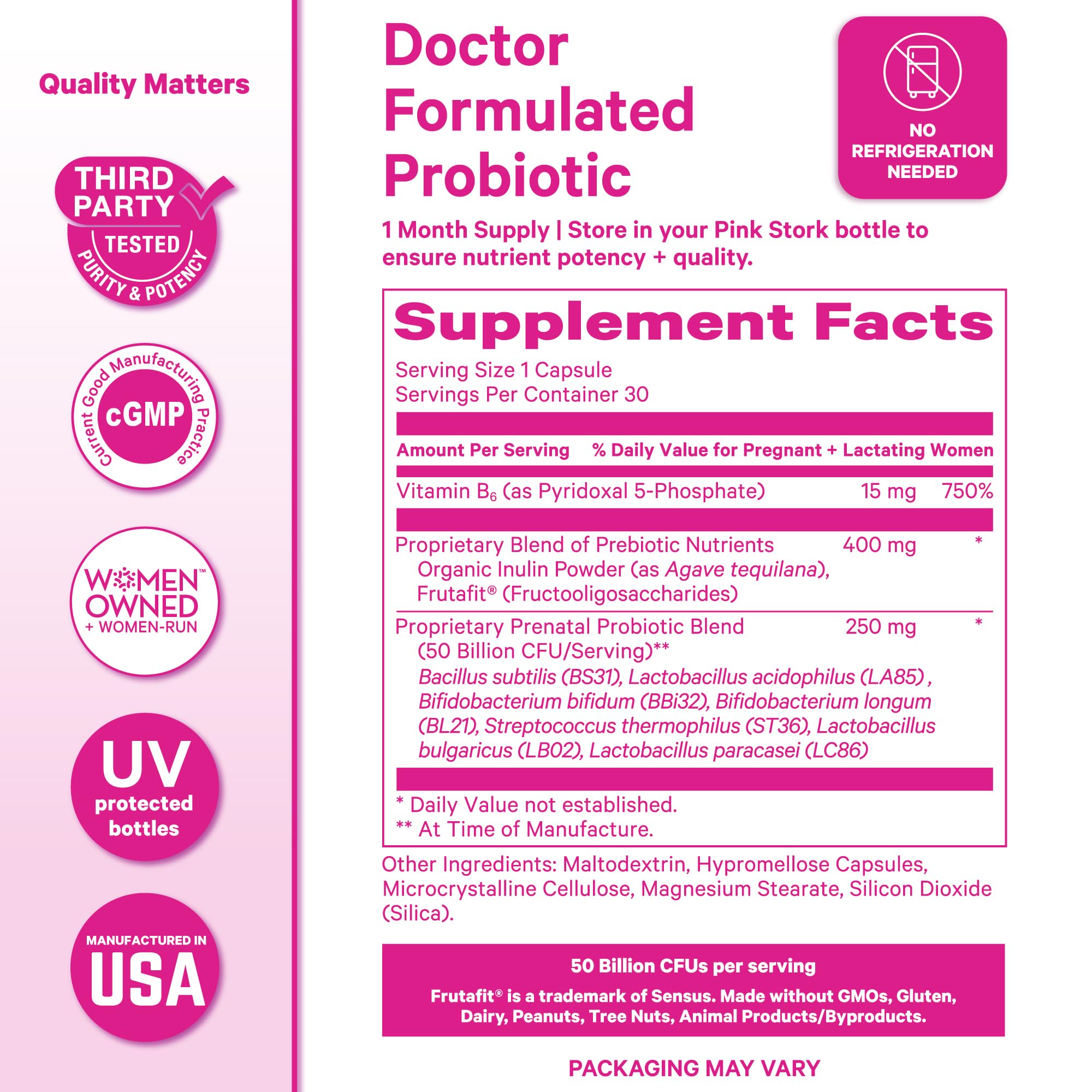 Pink Stork Prenatal Probiotic is vegan and gluten-free for sensitive diets.