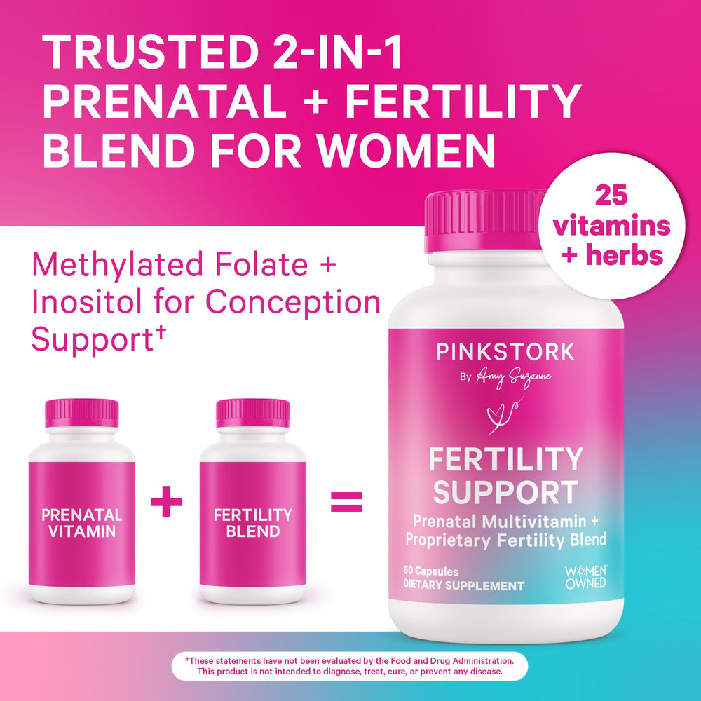 Pink Stork prenatal vitamin bottle for pregnancy planning support.