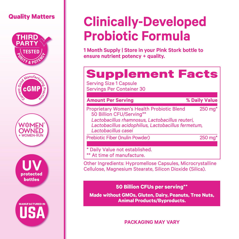 Pink Stork probiotic vegan badge confirms dairy-free, vegetarian-friendly formula