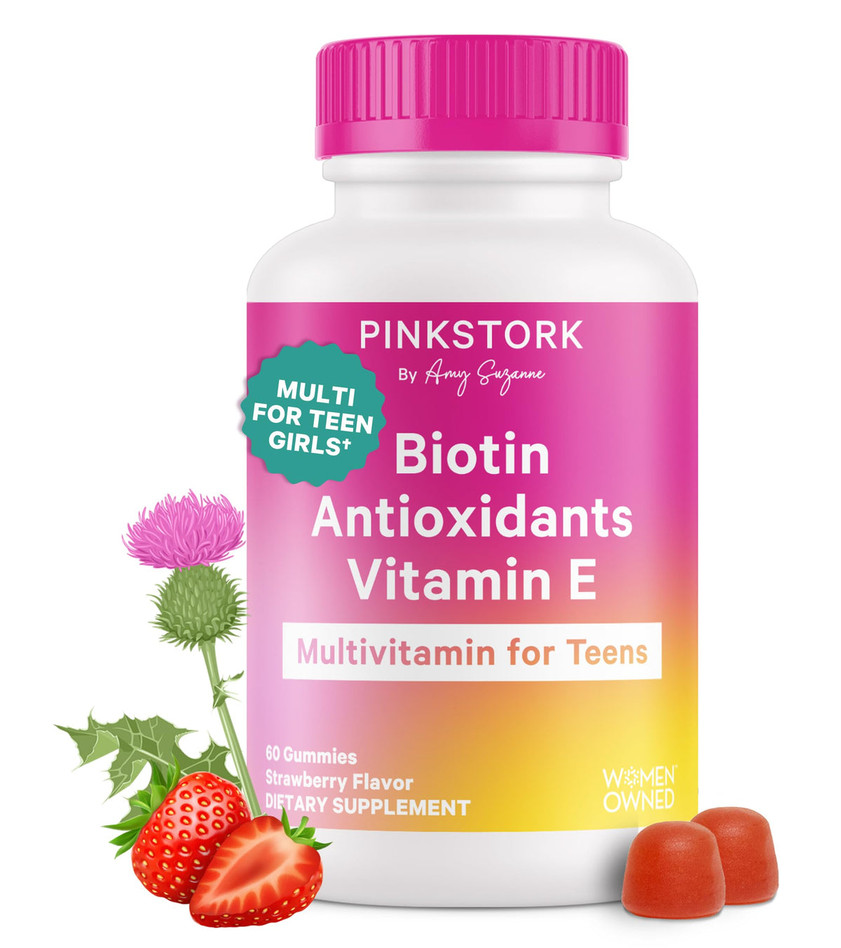 Pink Stork Teens Multivitamin Berry Gummies bottle with immune-supporting nutrients.