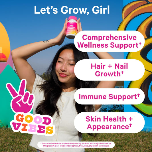 Pink Stork Teens Multivitamin Berry Gummies close-up label highlighting hair and nail support.