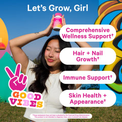 Pink Stork Teens Multivitamin Berry Gummies close-up label highlighting hair and nail support.
