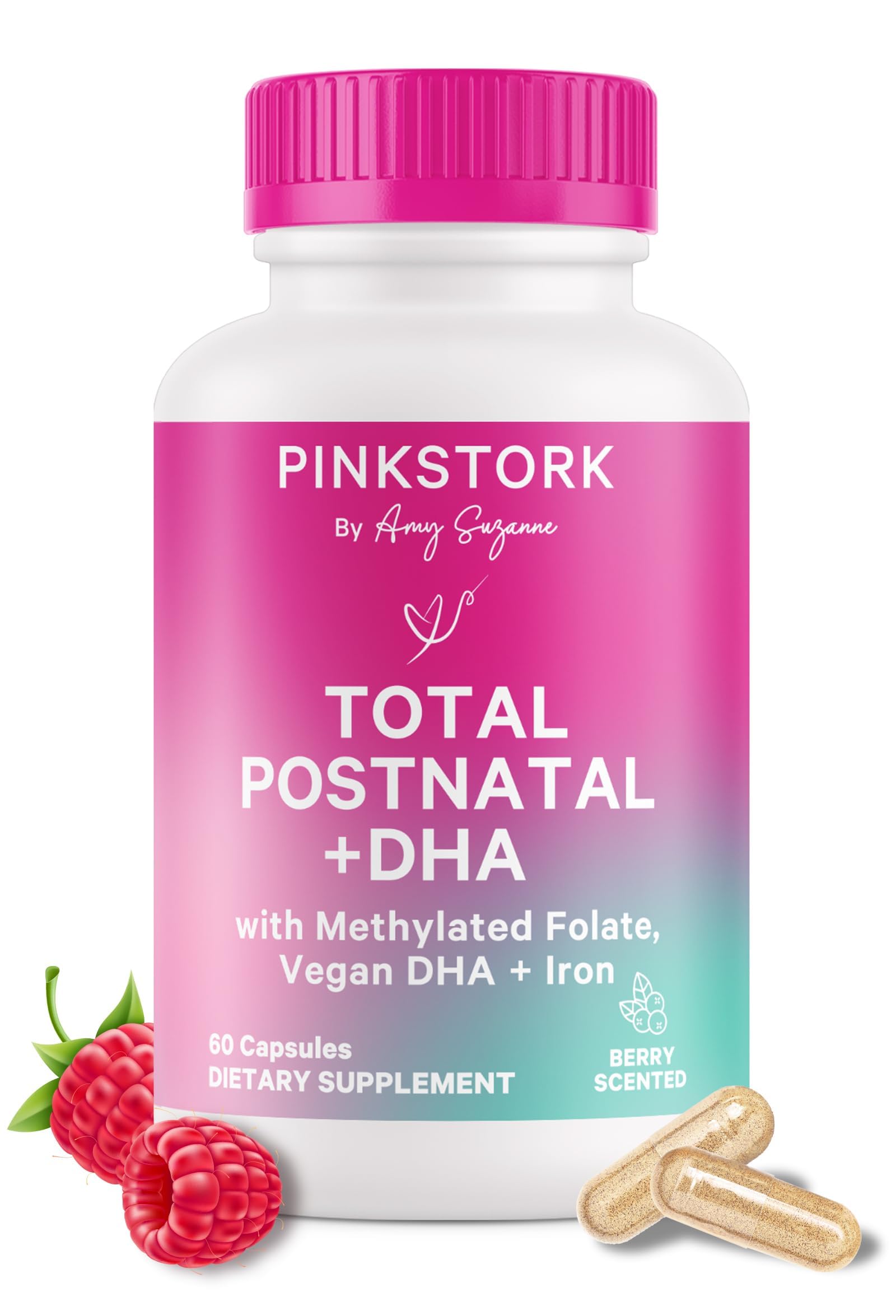 Front view of Pink Stork Total Postnatal bottle for postnatal support