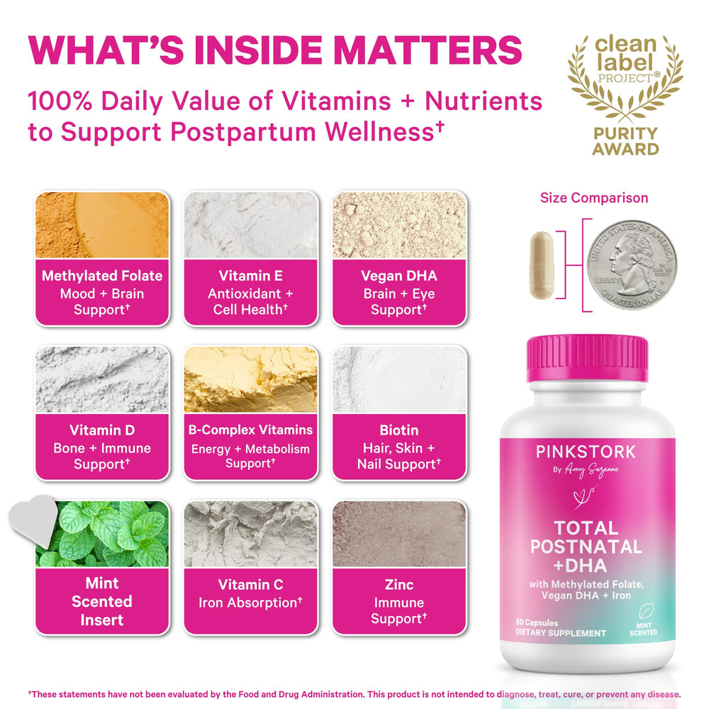 Close-up of Pink Stork capsules highlighting gentle postpartum nutrition