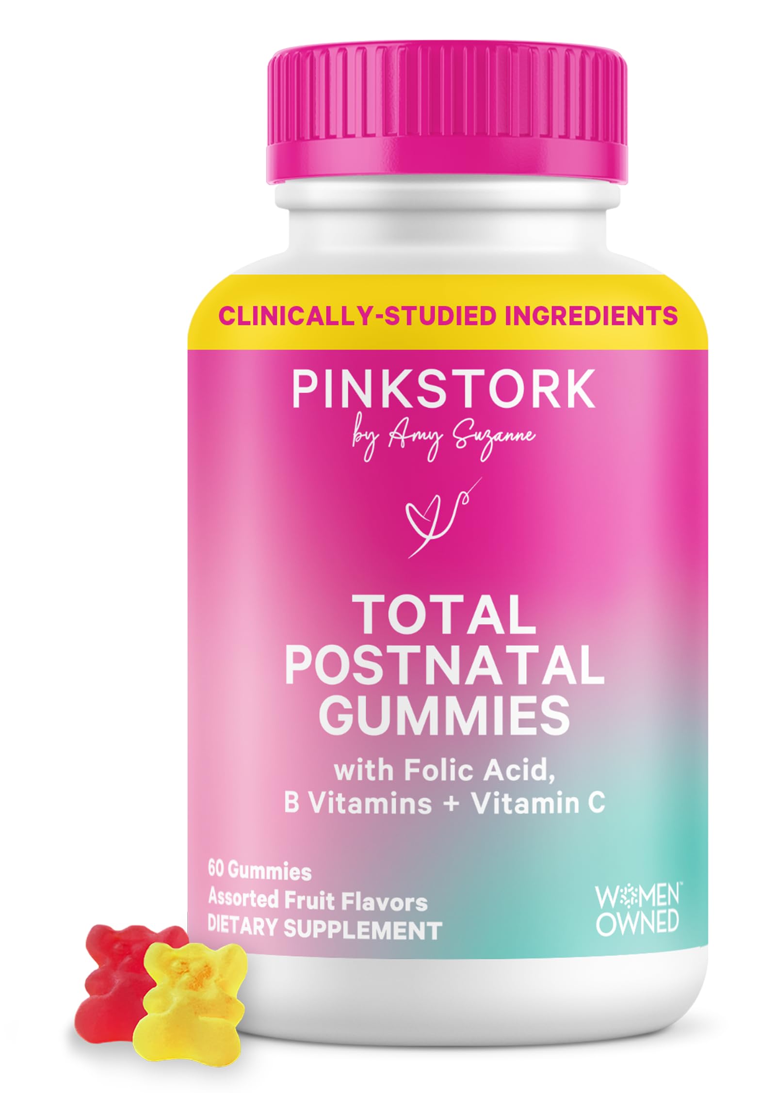 Pink Stork Total Postnatal Gummies bottle shot for easy postpartum nutrition
