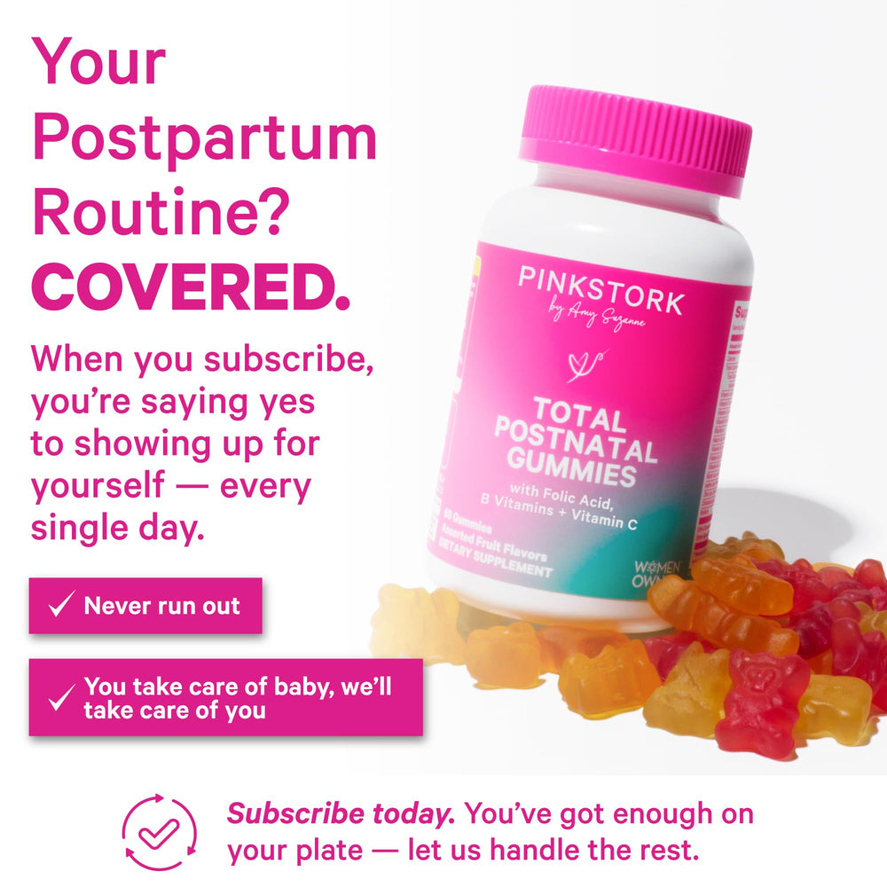 Pink Stork Total Postnatal Gummies shown in breastfeeding context