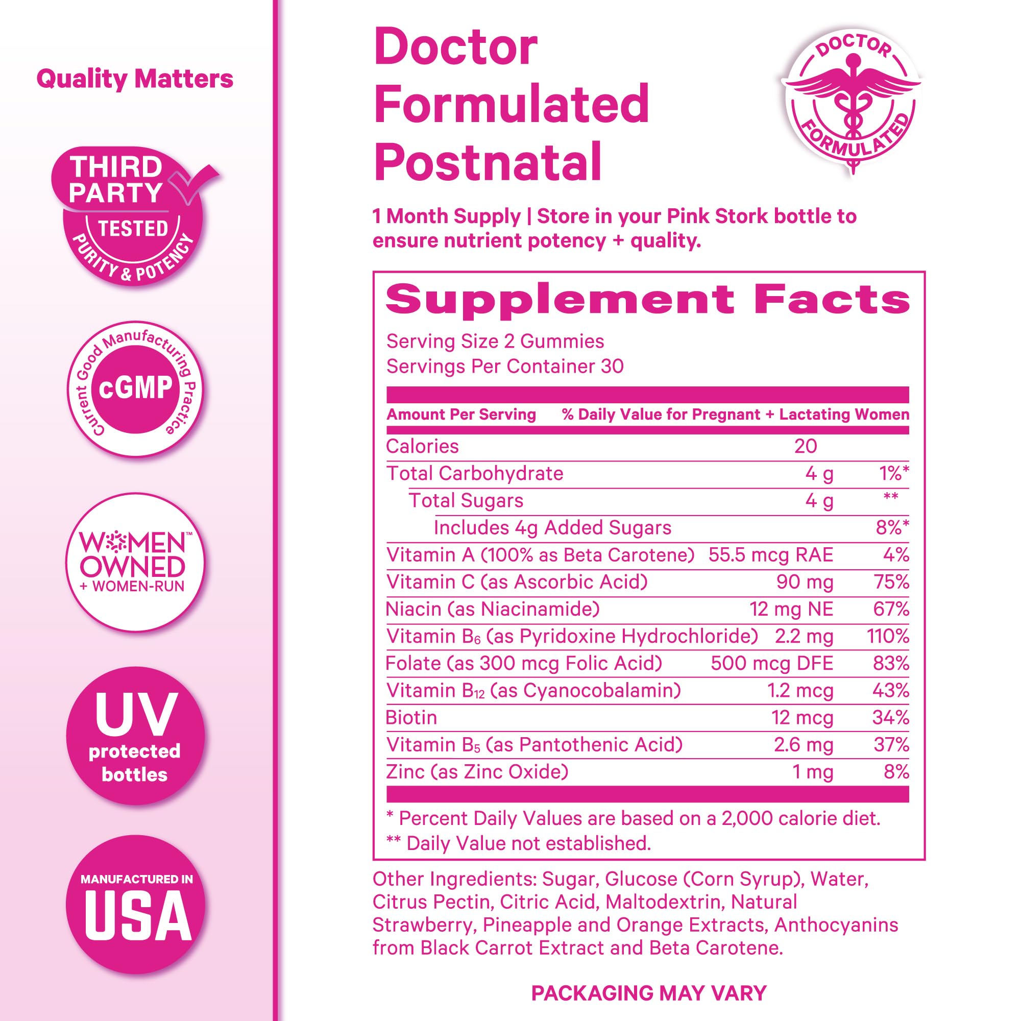 Pink Stork Total Postnatal Gummies close up on biotin and vitamin C