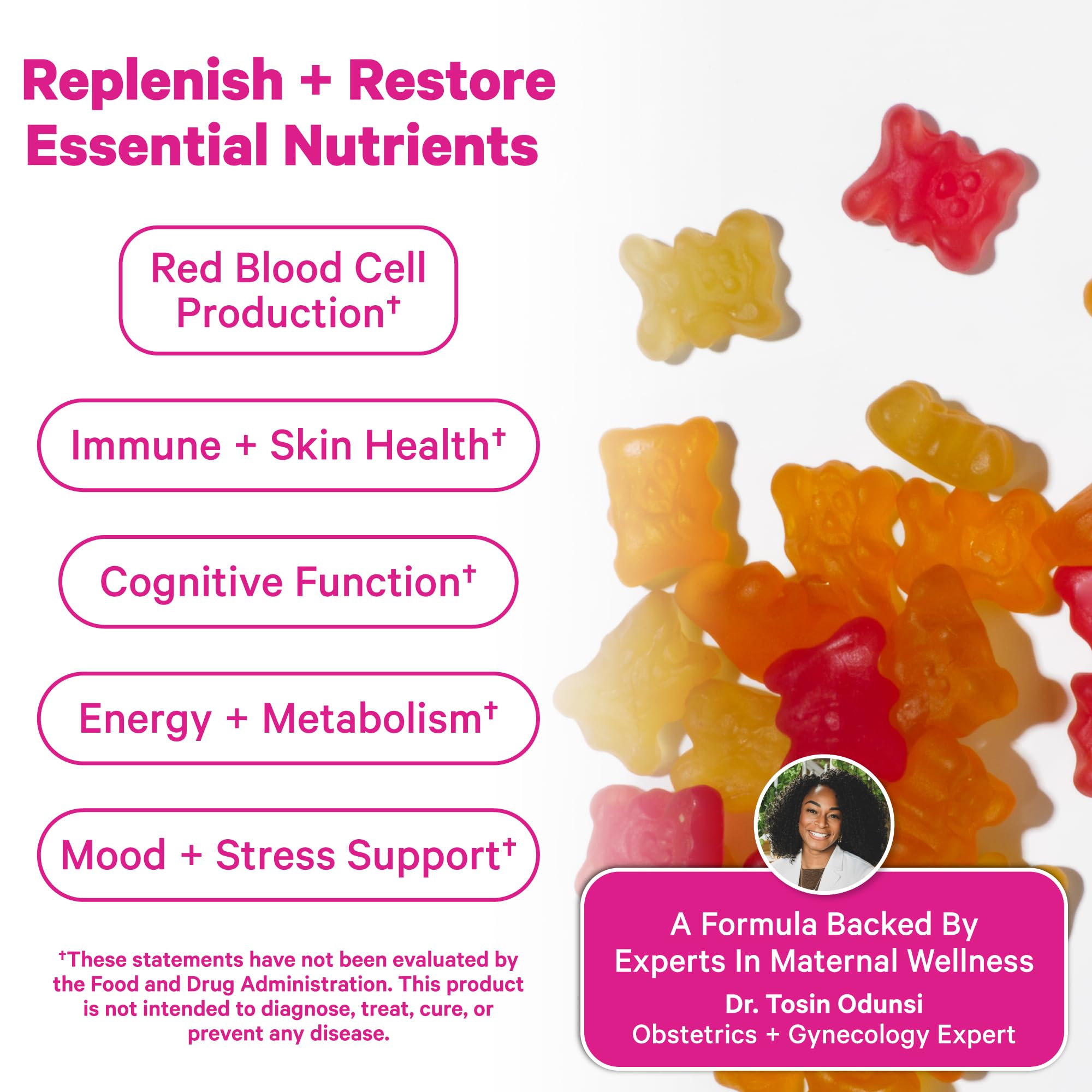 Pink Stork Total Postnatal Gummies ingredient close up highlighting folic acid and biotin